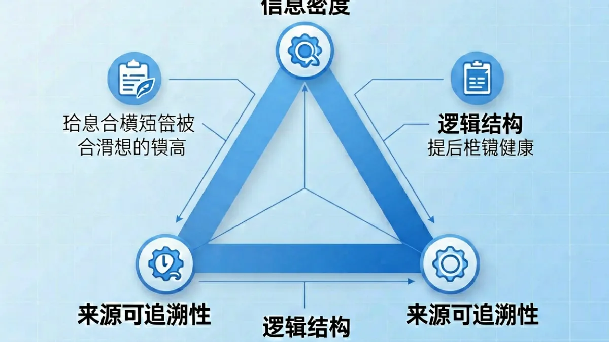 爱液视频内容质量评估框架示意图，展示信息密度、逻辑结构、来源可追溯性三个核心评分维度的关系图