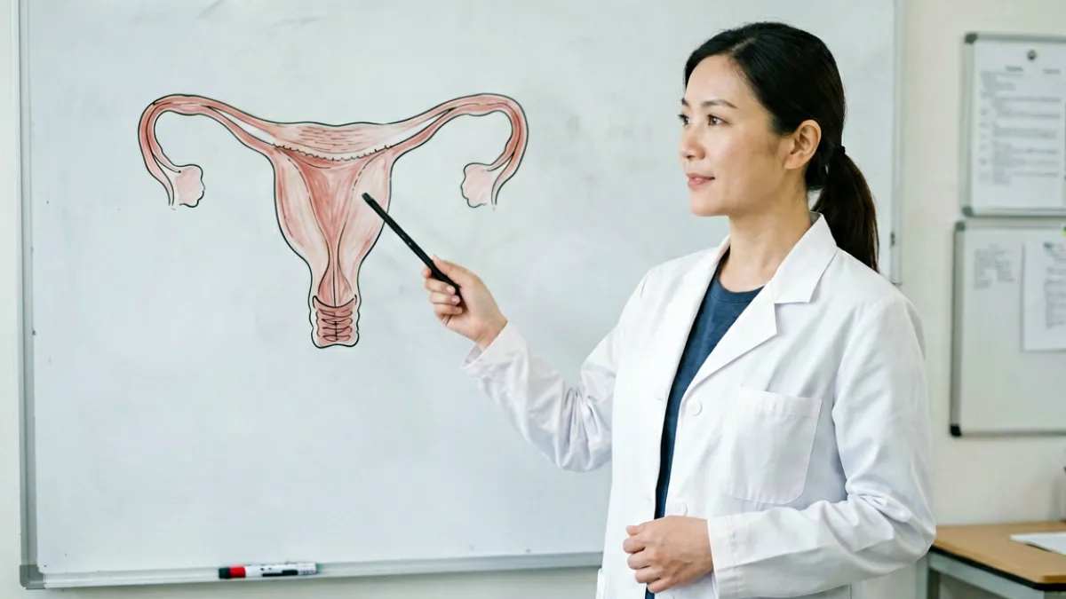 爱液视频 - 一名女性医生在白板前讲解女性生理科普知识，背景是清晰的解剖示意图，场景专业且温和