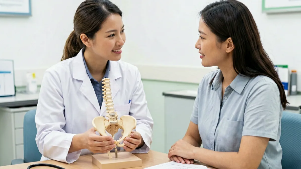 爱液视频 - 妇产科诊室内医生向患者展示女性生殖系统的解剖模型，患者认真聆听，氛围专业温馨