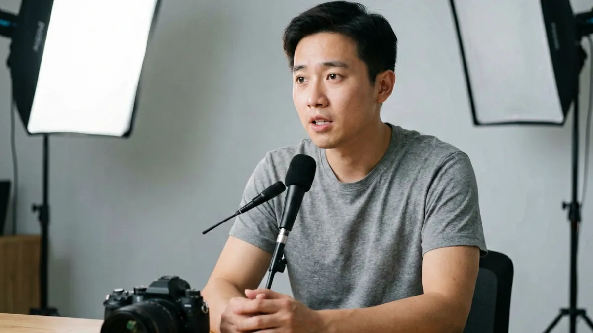 内容创作者在专业灯光环境下拍摄爱液视频，背景整洁，拍摄设备清晰可见