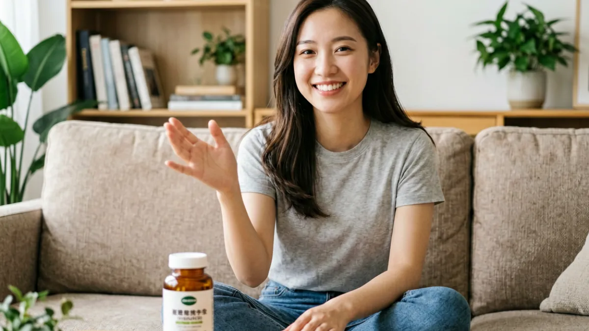 爱液视频 - 主播坐在家居环境中分享亲身使用益生菌产品前后的身体感受变化，画面轻松真实