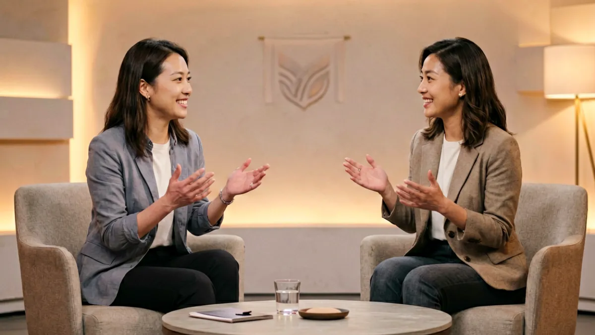两位女性主持人坐在明亮演播室内围绕女性健康话题展开对谈，气氛轻松专业